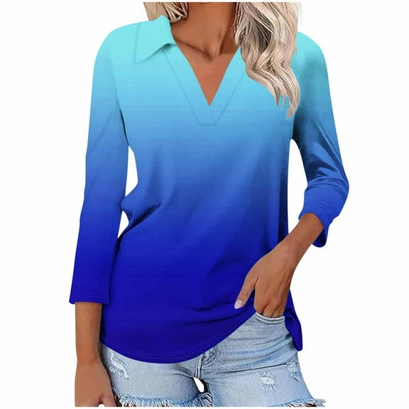 UAMVSH Women's 3/4 Length Sleeve V-Neck Collared Tops Trendy Gradient Printed Casual Lapel Office Work Tunic Shirts Clothes(XX-Large,Blue)