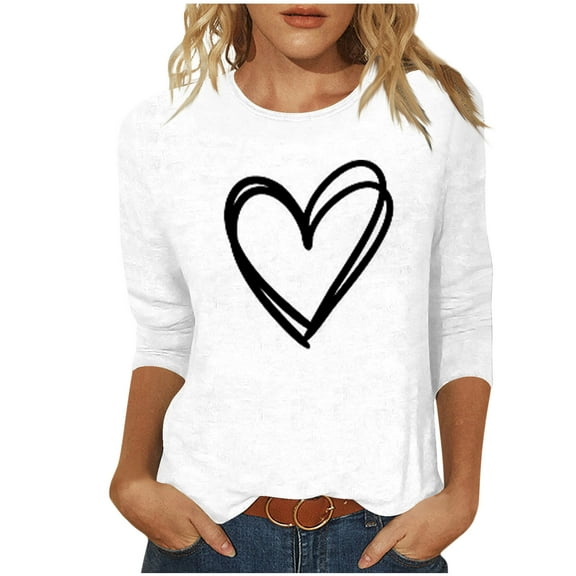 UAMVSH Women's 3/4 Sleeve Tops Trendy Valentine's Day Pullover Shirts Cute Heart Graphic Crew Neck Dressy Blouses Summer Fall(Small,White)