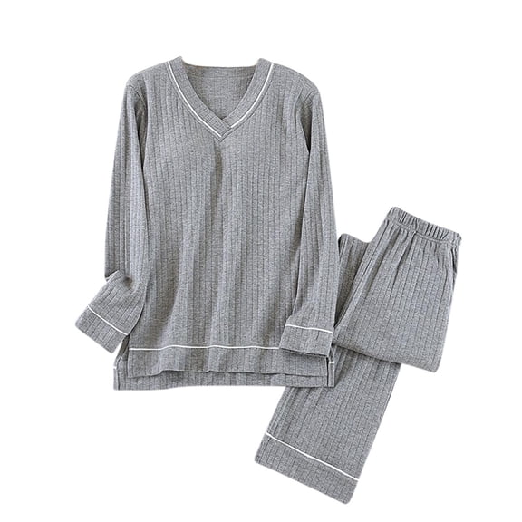 UAMVSH Women's Built in Bra Pajama Lounge Sets Comfy Ribbed Long Sleeve Side Slit Sleepwear Tops Long Pants 2 Piece Cotton Outfits(MediumGray)