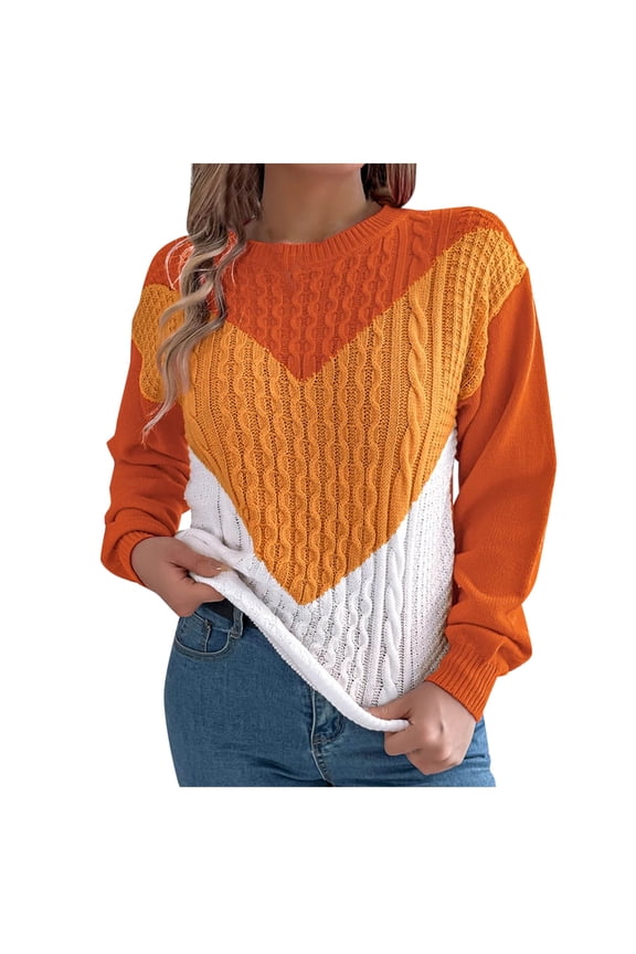 Women's Cable Knitted Sweaters Lightweight Fall Long Sleeve Crew Neck Casual Pullover Tops Trendy Color Block Ladies Sweaters(Medium,Orange)