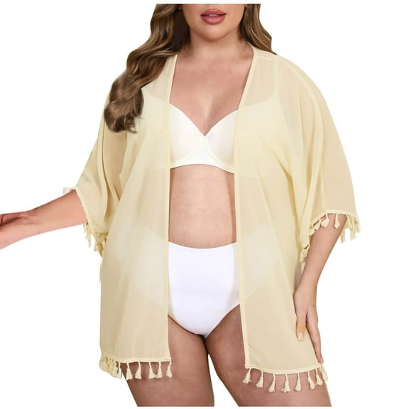 UAMVSH Women's Cardigan Swimwear Cover Ups Half Sleeve Mesh Kimono Beachwear with Tassel Oversized Open Front Outerwear(XX-Large,Beige)