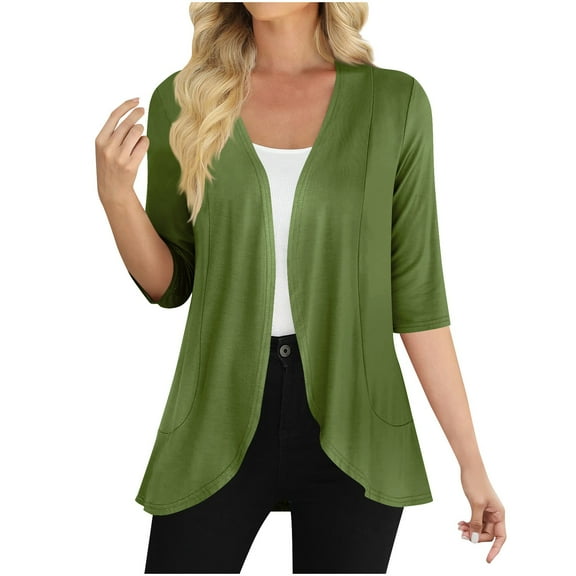 UAMVSH Women's Casual 3/4 Sleeve Cardigans Lightweight Summer Fall Open Front Dressy Jackets Trendy Vacation Work Plain Outerwear(Small,Green 1)