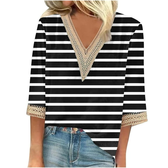 UAMVSH Women's Casual 3/4 Sleeve Lace Trim V Neck Tops Fashionable Fall Loose Fit Stripe Printed Vacation Shirts Blouses(XX-Large,Black)
