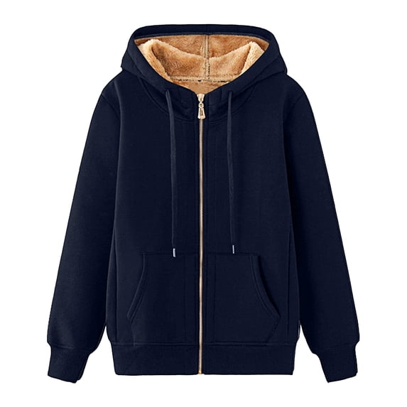 UAMVSH Women's Casual Full Zip up Sherpa Lined Hoodie Sweatshirts Warm Winter Fleece Long Sleeve Jacket Coat with Pockets(X-Large,Dark Blue)