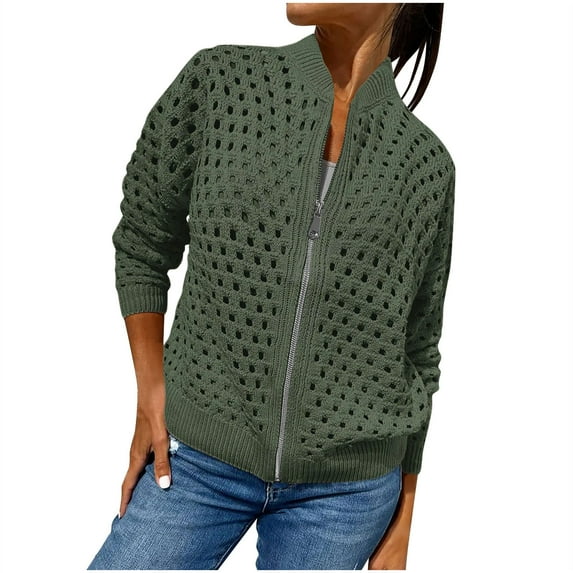 UAMVSH Women's Casual Hollow Knitwear Zipper Jacket Lightweight Crochet Full Zip up Sweater Coats Trendy Long Sleeve Ladies Outfits(3X-Large,Army Green)