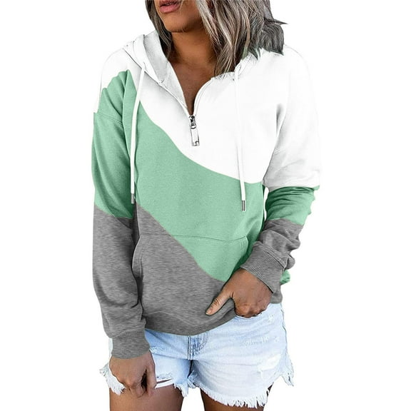 UAMVSH Women's Casual Hoodies Trendy Color Block Long Sleeve Drawstring Hooded Sweatshirts with Pockets 1/4 Zip Hooded Pullover Tops(Small,Green 3)