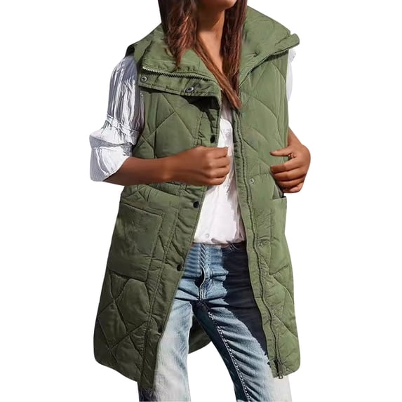 UAMVSH Women's Casual Long Puffer Vests Warm Stand Collar Sleeveless Quilted Jackets Lose Fit Zip up Parka with Pockets Fall Winter Outerwear(X-Large,Army Green)