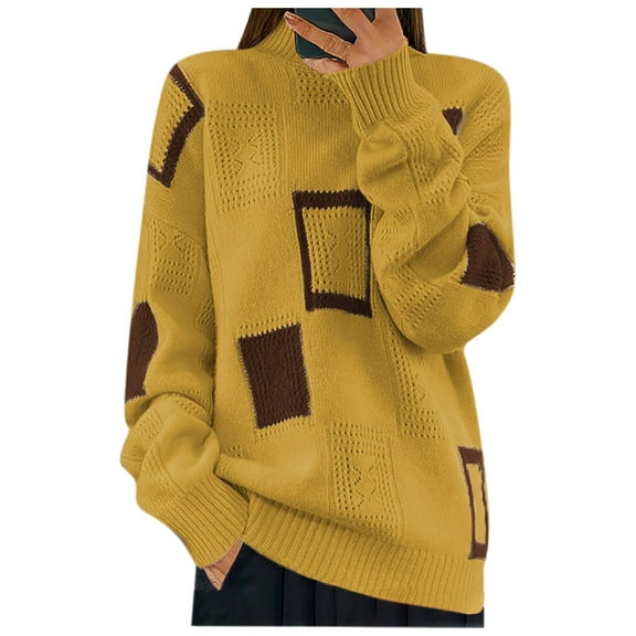 UAMVSH Women's Casual Long Sleeve Pullover Sweaters Mock Neck fashion Color Block baggy Knitted Sweater pullover Tops(X-Large,Yellow)