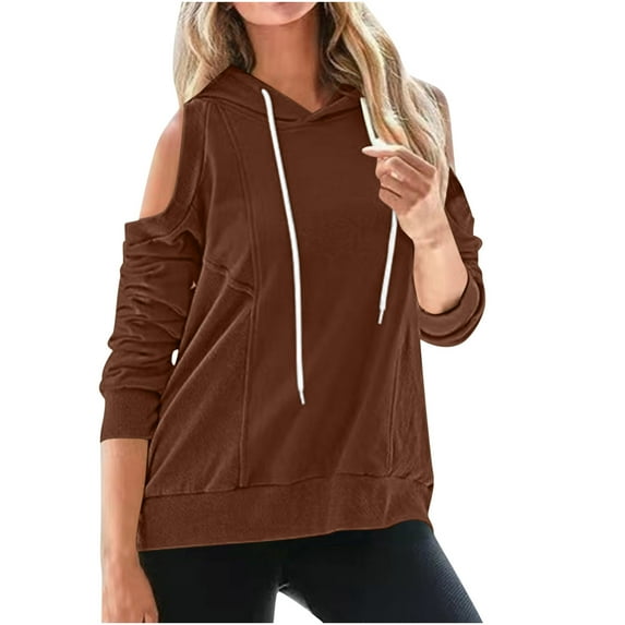 UAMVSH Women's Cold Shoulder Hoodies Plus Size Long Sleeve Solid Color Pullover Tops Oversized Drawstring Hooded Sweatshirt(Medium,Brown 1)