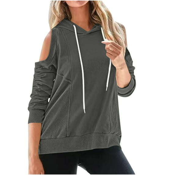 UAMVSH Women's Cold Shoulder Hoodies Plus Size Long Sleeve Solid Color Pullover Tops Oversized Drawstring Hooded Sweatshirt(Medium,Dark Gray 1)