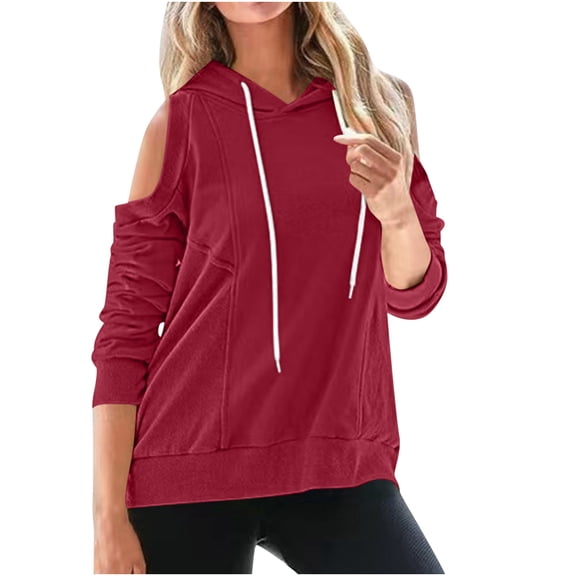 UAMVSH Women's Cold Shoulder Hoodies Plus Size Long Sleeve Solid Color Pullover Tops Oversized Drawstring Hooded Sweatshirt(X-Large,Red 1)