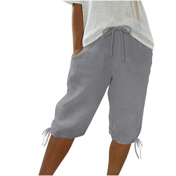 UAMVSH Women's Cotton Linen Shorts Summer Casual Lightweight Elastic Waisted Knee Length Beach Short Pants