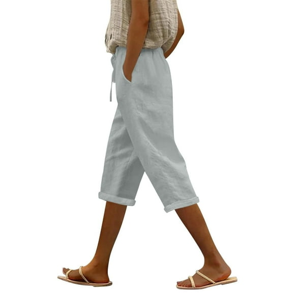 UAMVSH Women's Cotton Linen Wide Leg Capri Pants High Waisted Drawstring Casual Loose Cropped Pants with Pockets