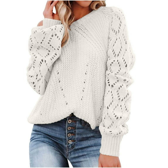 UAMVSH Women's Crochet Sweater Round Neck Long Sleeve Knit Fall Pullover Casual Trendy Sweater Tops