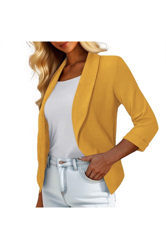 Women's Cropped Blazers Lightweight 3/4 Sleeve Open Front Cardigans Coats Classic Shawl Collar Work Office Suit Jackets(X-Large,Yellow)