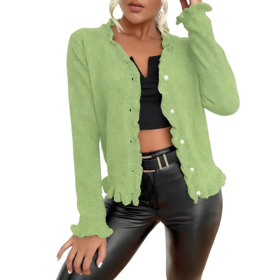UAMVSH Women's Cropped Cardigan Ruffle Button Down V Neck Sweaters Cute Soft Long Sleeve Tops Casual Trendy Outfits S-XL