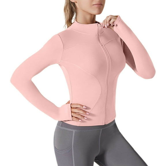 UAMVSH Women's Cropped Lightweight Stretchy Running Track Jackets Full Zip Stand Neck Sun Shirts Slim Fit Yoga Athletic Tops with Thumb Holes(X-Large,Pink)