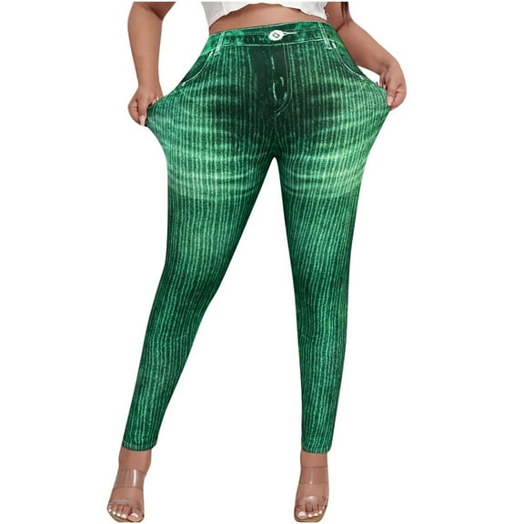 UAMVSH Women's Denim Printed Leggings Trendy Stretchy Slimming Jean Look Pants with Pockets Soft High Waist Skinny Long Pants