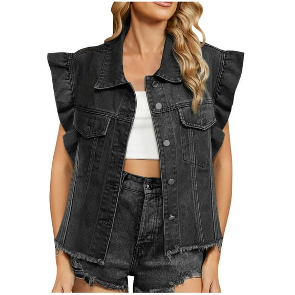 UAMVSH Women's Denim Vintage Jean Cropped Jackets Trendy Ruffle Sleeve Lapel Neck Tank Tops Casual Button down Outerwear with Frayed Hem(Medium,Black)