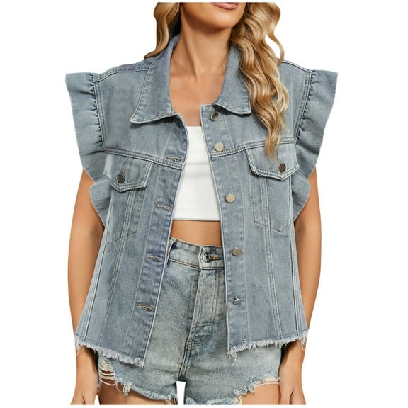 UAMVSH Women's Denim Vintage Jean Cropped Jackets Trendy Ruffle Sleeve Lapel Neck Tank Tops Casual Button down Outerwear with Frayed Hem(X-Large,Blue)