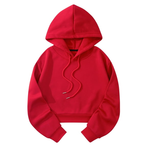 UAMVSH Women's Drawstring Cropped Hoodie Casual Plain Pullover Oversized Long Sleeve Drop Shoulder Athletic Sweatshirts(Small,Red)
