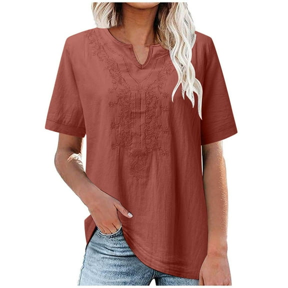 UAMVSH Women's Embroidered Blouse Cotton Linen Short Sleeve Boho Tunic Tops Casual V Neck Loose T-Shirt