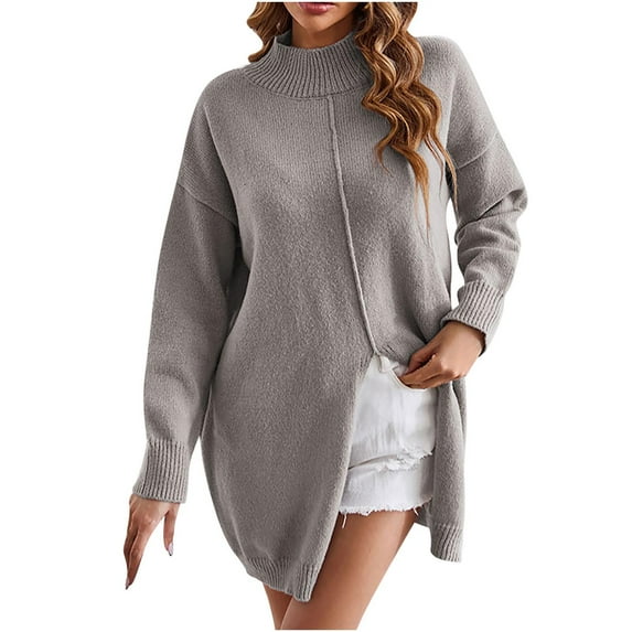 UAMVSH Women's Fall Casual Long Sleeve Mock Neck Front Split Oversized Knitted Pullover Sweater Loose Fit Long Dressy Sweater Tops(Large,Gray)