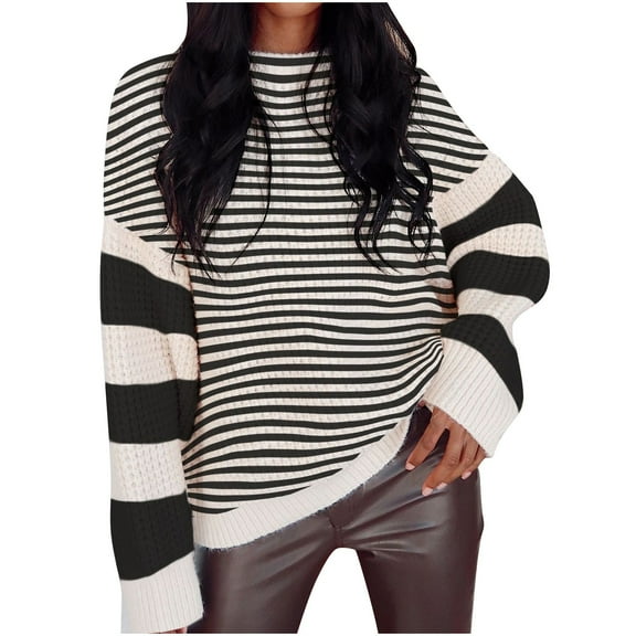 UAMVSH Women's Fall Striped Sweater Long Sleeve Crew Neck Color Block Comfy Loose Oversized Knitted Pullover