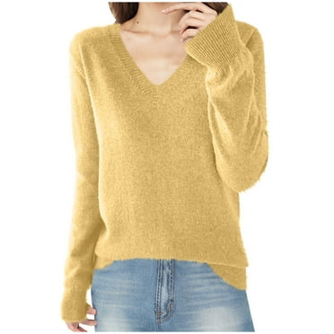 UAMVSH Women's Fall Sweater Soft Lightweight Knitted Pullover Tops Casual Cozy V-Neck Long Sleeve Sweaters Basic Warm Sweaters(XX-Large,Yellow)