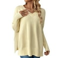 thumbnail image 1 of UAMVSH Women's Fall Winter Casual Long Sleeve V Neck Side Slit Sweaters Knitwear Oversized Ribbed Knitted Pullover Tops(Large,Beige), 1 of 6