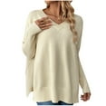 thumbnail image 1 of UAMVSH Women's Fall Winter Casual Long Sleeve V Neck Side Slit Sweaters Knitwear Oversized Ribbed Knitted Pullover Tops(X-Large,Brown), 1 of 5