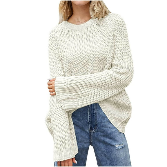 UAMVSH Women's Fashion Sweater Casual Long Sleeve Crew Neck Knitted Tops Oversized Vacation Dressy Pullover Sweaters(Small,Beige)