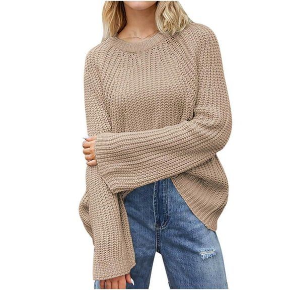 UAMVSH Women's Fashion Sweater Casual Long Sleeve Crew Neck Knitted Tops Oversized Vacation Dressy Pullover Sweaters(Small,Khaki)