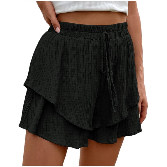 UAMVSH Women's Flowy Shorts Drawstring Casual Ruffle Layered Shorts High Waisted Wide Leg Boho Summer Shorts Vacation Outfit