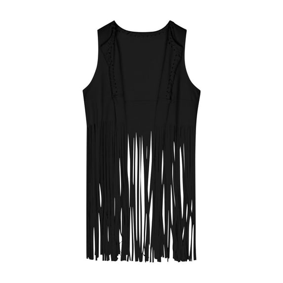 UAMVSH Women's Fringe Vests 70s Vintage Sleeveless Western Cardigan Trendy Suede Tassel Open Front Waistcoats Outfits(Small,Black)