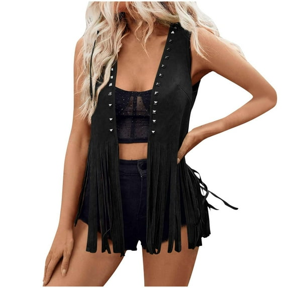 UAMVSH Women's Fringe Vests Vintage Sleeveless 70s Suede Trim Jackets Western Tassel Open Front Cardigan Ladies Fashion Outfits(Small,Black)