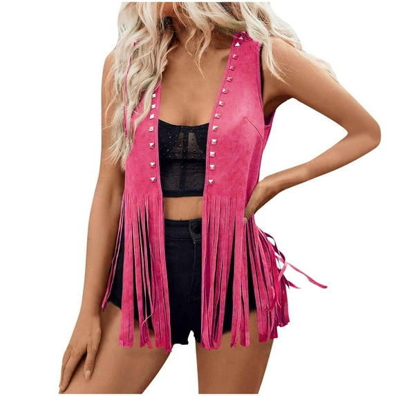 UAMVSH Women's Fringe Vests Vintage Sleeveless 70s Suede Trim Jackets Western Tassel Open Front Cardigan Ladies Fashion Outfits(X-Large,Hot Pink)