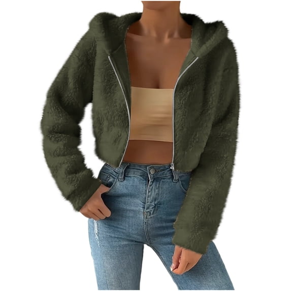 UAMVSH Women's Full Zip Fleece Jacket Fuzzy Long Sleeve Crop Tops Soft Warm Sherpa Hooded Coat Outwear Fall Winter Fashion Outfits