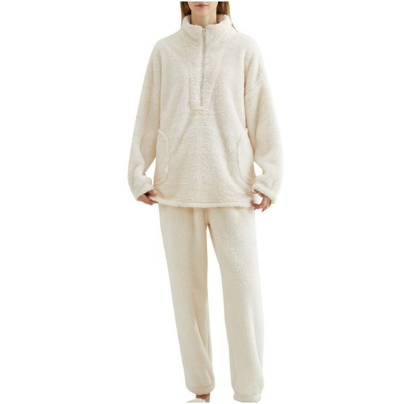 UAMVSH Women's Fuzzy Pajamas Sets Loungewear Long Sleeve Pullover Pocket Casual Pants Set 2 Piece Fleece Sleepwear