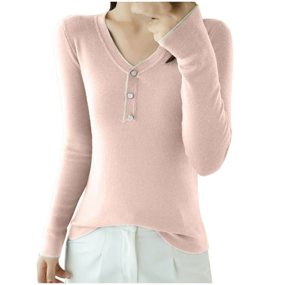 UAMVSH Women's Henley Sweaters Basic Long Sleeve V Neck Tunic Tops Casual Slim Fit Button Thin Knitted Sweater Ladies Outfits(Small,Pink)