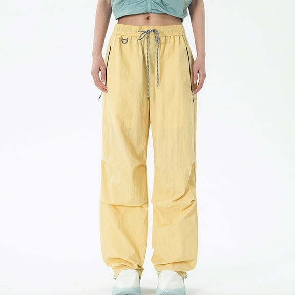 UAMVSH Women's Hiking Athletic Cargo Pants Wide Leg Outdoor Travel Drawstring Pants with Zipper Pockets Lightweight Active Slacks(X-Large,Yellow)