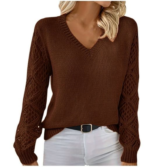 UAMVSH Women's Hollow out Sweater Elegant V Neck Long Sleeve Knitted Pullover Tops Fall Fashion Vacation Tunics Sweaters(Large,Coffee 1)