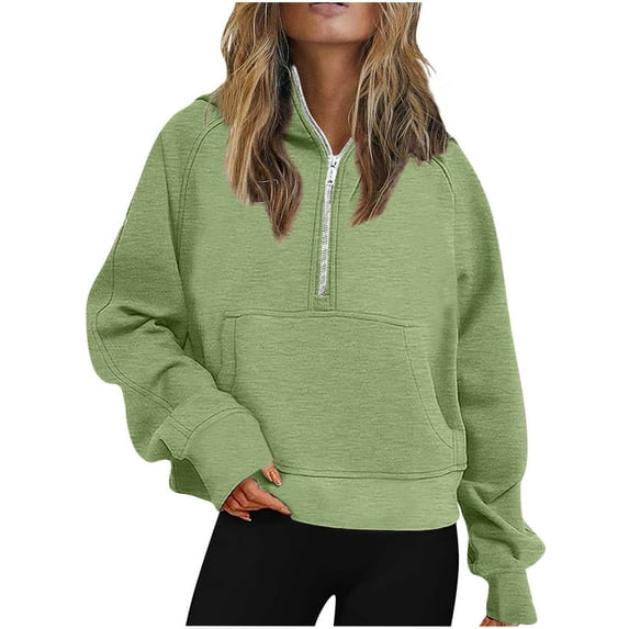 UAMVSH Women's Hooded Sweatshirts Plus Size Long Sleeve Half Zipper Cropped Hoodie Baggy Solid Color Pullover Fall Fashion Clothes(5X-Large,Army Green)