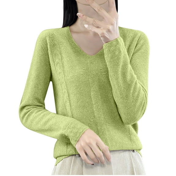 UAMVSH Women's Knitted Warm Sweater Elegant Long Sleeve V-Neck Casual Pullover Tops Casual Solid Color Lightweight Sweaters(Large,Green)