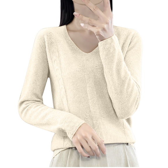 UAMVSH Women's Knitted Warm Sweater Elegant Long Sleeve V-Neck Casual Pullover Tops Casual Solid Color Lightweight Sweaters(Medium,Beige)