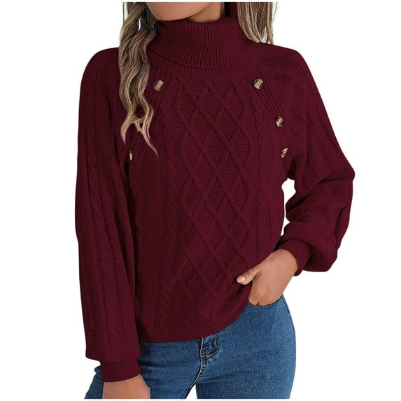 UAMVSH Women's Lantern Long Sleeve Sweaters Oversized Turtleneck Button Thick Tops Comfy Cable Knitted Tunic Sweater Pullover(XX-Large,Wine)
