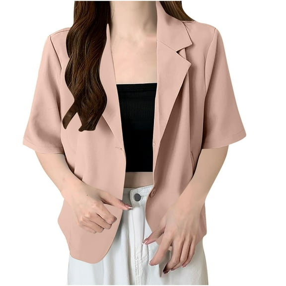 UAMVSH Women's Lightweight Blazers Cropped Short Sleeve Summer Fall Casual Outfits Button down Notch Collar Suit Jackets Fashion Clothing(Large,Pink)