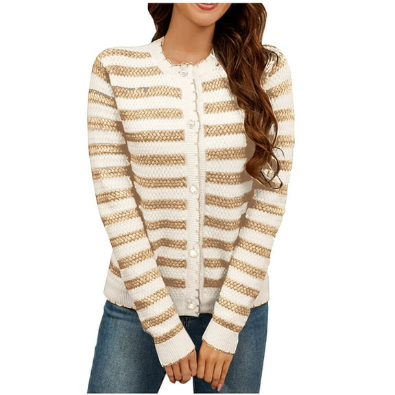 UAMVSH Women's Lightweight Button down Cardigan Sweaters Trendy Stripe Printed Top Outerwear Classic Long Sleeve Knitted Jackets(Small,Brown)