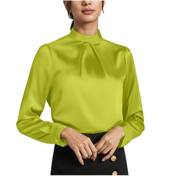 UAMVSH Women's Long Sleeve Shirts Silk Satin Casual Business Dressy Tops Soft Smooth Mock Neck Blouses for Office Work(Medium,Army Green)