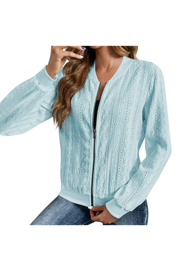 Women's Long Sleeve Sweatshirt Jackets Casual Full Zipper Lightweight Coats Trendy Eyelet Vacation Work Outwear(Small,Light Blue)